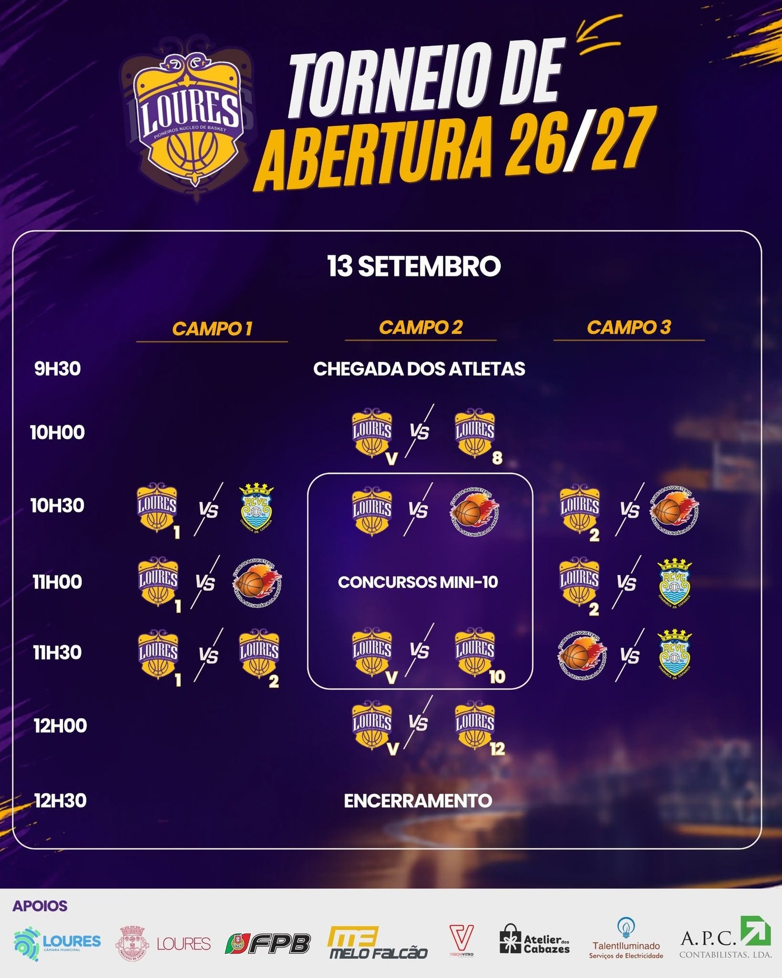 Cartaz do Torneio de Abertura 26/27 com programa de jogos de 13 de setembro